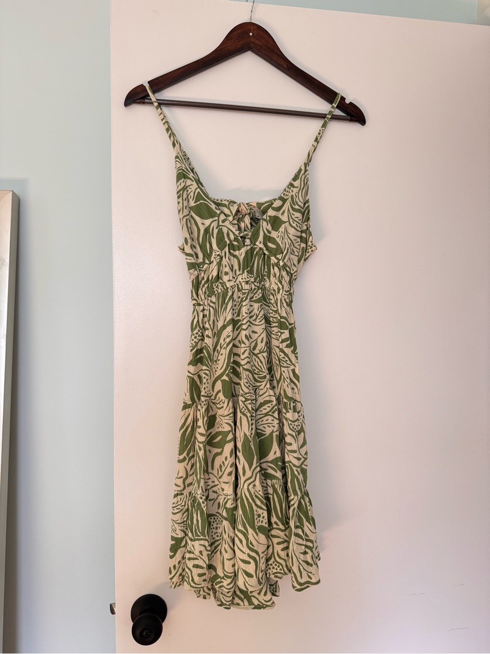 Angie’s Short green and tan leaf print dress with tie back and elastic waist